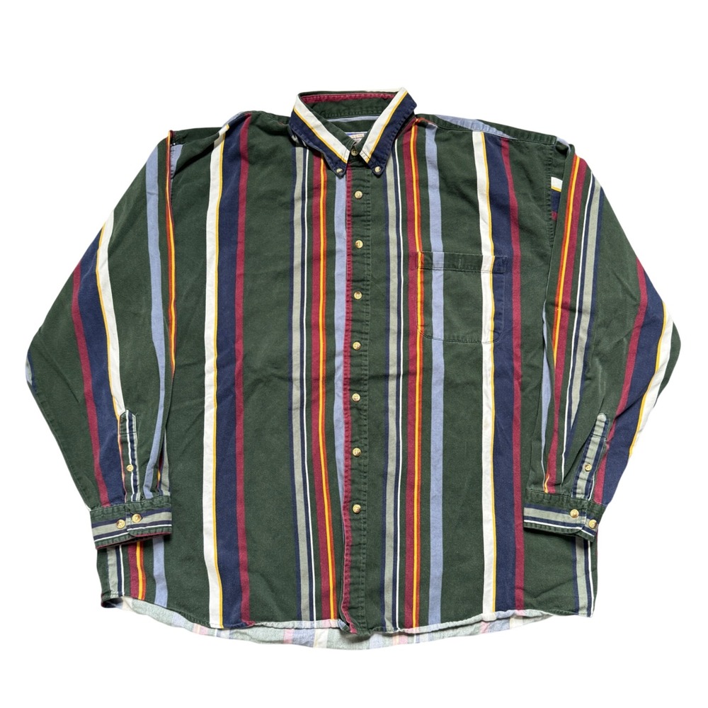NorthCrest Mens XXLT Green Multi Color Vertical Stripe Button Down Shirt Cotton